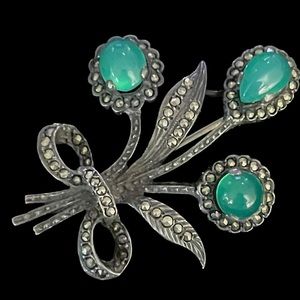 1950’s Rare MARCASITE & Poured Green Glass Flower Bouquet Brooch